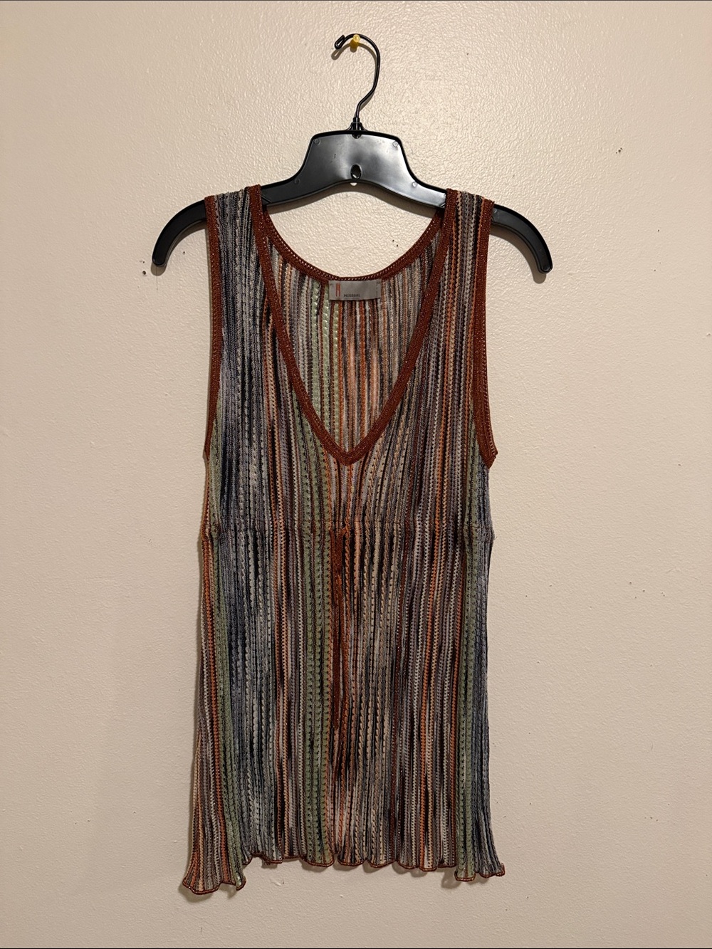 MISSONI- Sheer Multi-Color Striped V-Neck Knit Mini Dress - Picture 4 of 8